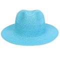 Detailed close-up of sky blue straw fedora showing fine weave texture and brim - Sky Blue