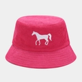 Detailed close-up of white horse embroidery on pink corduroy bucket hat texture - One Size / Rose Red