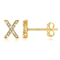 Macro view of S925 silver stamp on gold-plated X letter stud earrings with zircons - Gold X