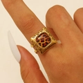Gold stainless steel square ring with leopard pattern inlay and Greek key details - Square Meander Border Style (A-465) / Gold/Leopard