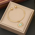 Gold plated stainless steel evil eye open cuff bracelet with turquoise enamel inlay - 2# Dark Green