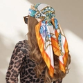 Iranian Bawal silk square scarf 90x90cm with orange borders and multi-color paisley pattern - S204 Orange