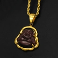 Close-up of gold plated Laughing Buddha pendant with cat's eye stone on rope chain - Pendant Only (Without Chain) / Purple