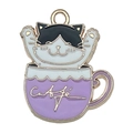 Enamel black and white cat charm in purple cafe teacup with golden metal alloy finish - Purple Cup with Cat