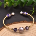 Handcrafted gold twisted wire bangle with grey pearl and purple crystal beads - Gold Purple Pearl Crystal Cloisonne