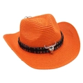 Detail of orange woven cowboy hat featuring a longhorn skull ornament and tribal band - Orange