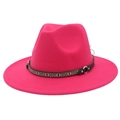 Detail of rose red felt jazz hat with ethnic pattern leather band and metal ring buckle - M (56-58cm) / Rose Red