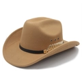 Cappello da cowboy western in feltro di lana kaki con fascia nera e piuma dorata - M (56-58cm) / Cammello