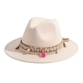 Beige wide brim felt fedora hat with colorful tassels and shell trim decoration - Beige