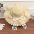Beige wide brim straw hat with pink fabric tulips and white lace bow strap - Three Flower Beige