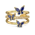 Three-layer gold open ring featuring blue marquise butterfly stones and white crystals - Adjustable Open / Gold (Blue Zircon)