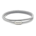 Close-up of grey woven bracelet with a matte silver magnetic cylinder clasp - Silver Gray