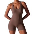 Sleeveless backless yoga bodysuit in dark brown featuring a seamless stretch fit design - S / Top And Bottom / Khaki