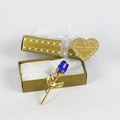 Blue crystal metal rose in a gold gift box with a white ribbon and heart-shaped tag - Gold Stem Blue Rose