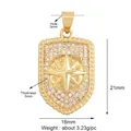 Detailed size chart of a gold shield pendant with an eight-pointed star and zircon stones - Gold/Inlaid Shield