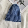 Dark blue ribbed knit beanie featuring a classic cuffed design and warm wool material - One Size (Stretchy) / Light Blue