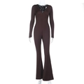 Detail van donkerbruine jumpsuit met lange mouwen, diepe V-hals rits en uitlopende pijpen - S / Bruin