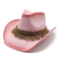 Detail of pink woven cowboy hat featuring brown fringe and golden metallic chain trim - M (56-58cm) / Rose Pink