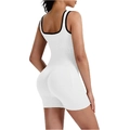 Detailed back view of white ribbed yoga jumpsuit with black trim and scrunch butt design - White