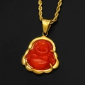 Gold plated stainless steel laughing Buddha pendant with red chalcedony on a rope chain - Red