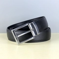 Men's black leather belt with silver alloy pin buckle and lychee grain texture - Matte Silver Style