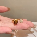 Adjustable 18K gold-plated ring featuring tiger eye stone and micro-pave zircons - Tiger Eye Single Stone Open Style / Gold
