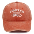 Detail of white 1992 Limited Edition embroidery on vintage washed orange baseball cap - Orange