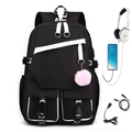 Black high school backpack with white straps, USB port and pink plush pendant - Contrast Black White