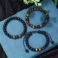 Three-piece tiger eye and lava stone beaded bracelet set with adjustable woven cord - Natural Stone Beaded Bracelet 3Pcs Set
