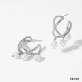 Silver-tone twisted metal earrings with three white pearls in a geometric tassel design - Silver (D2929)