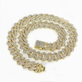 Detailed macro view of 15mm gold Cuban link chain with paved rhinestones on box clasp - 60CM / Gold White Zirconia