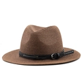 Chapeau fedora en paille marron avec ruban en similicuir noir et boucle argentée - Café