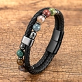 Double-layered black braided leather bracelet with multi-color natural stones and magnetic clasp - 23CM / Black Style 3
