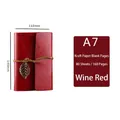 Vintage burgundy leather A7 notebook with leaf pendant and 80 kraft blank pages - Burgundy