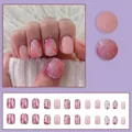 Pink marble ombre press-on nails with gold foil accents, full 24-piece set for women - Pink Cherry Blossom Marble Gold Foil Short Style (W1231) [With Glue]