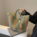 Straw tote bag featuring green vertical stripes with wooden bead tassel decoration - 42*15*28cm / Green