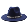 Detailed close-up of navy blue wool fedora hat with a stylish snakeskin patterned band - Navy Blue