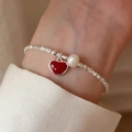Silver fragment bracelet with a red heart pendant and a single white pearl accent - Red Heart Pearl Silver Chip (MY37087)
