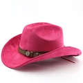 Close-up of rose red wool western cowboy hat with brown band and anchor metal badge detail - M (56-58cm) / Rose Red