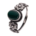 Vintage S925 sterling silver ring with green malachite stone and floral carving detail - Natural Malachite
