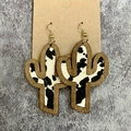 Western wooden cactus earrings with faux cow hair cowhide pattern in a boho fashion style - 3-Wood Cow Print