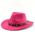 Detail of rose red suede cowboy hat with turquoise studded brown leather band - M (56-58cm) / Rose Red