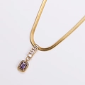 Golden snake chain necklace featuring a purple square zircon pendant with crystal halo - Gold (Purple Stone)