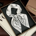 White paisley silk scarf tied in a bow knot with elegant black floral pattern - 70-70cm / White Paisley Butterfly Knot Style (FH160-02#)