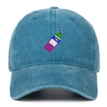 Close-up of colorful bottle embroidery on the dark blue washed denim baseball cap - Lake Blue
