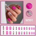 Eckige künstliche Nägel in Rosarot mit schwarzen Streifen und silbernem Glitzer - Magenta & Rosa Streifen Glitzer Stil (W991 Klebertyp)