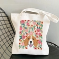 White canvas tote bag featuring a cute Beagle head and pink orange floral print - Floral Beagle