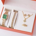 Luxury gold watch jewelry set with green dial and rhinestone accessories in gift box - Gold Green Square Gem Watch Set (A1)
