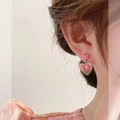 Pink tulip heart-shaped earrings with gold textured edges for a vintage French style - Pink Heart Tulip Stud Earrings / Gold