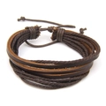 Men's multi-layer braided brown leather wrap bracelet with adjustable rope closure - 3 Strips 5 Threads / Coffee
